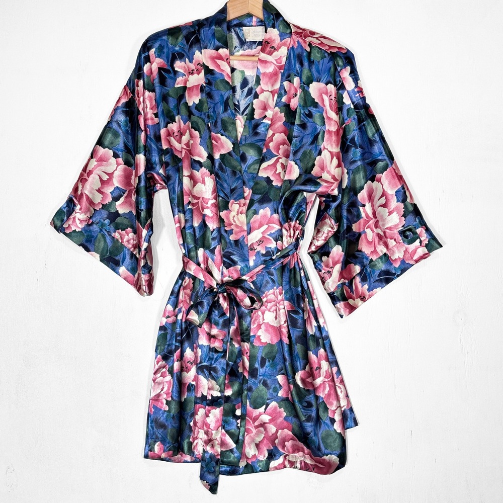 VTG 90s California Dynasty Floral Satin Robe Blue Pink Peony‎ Kimono Womens L
